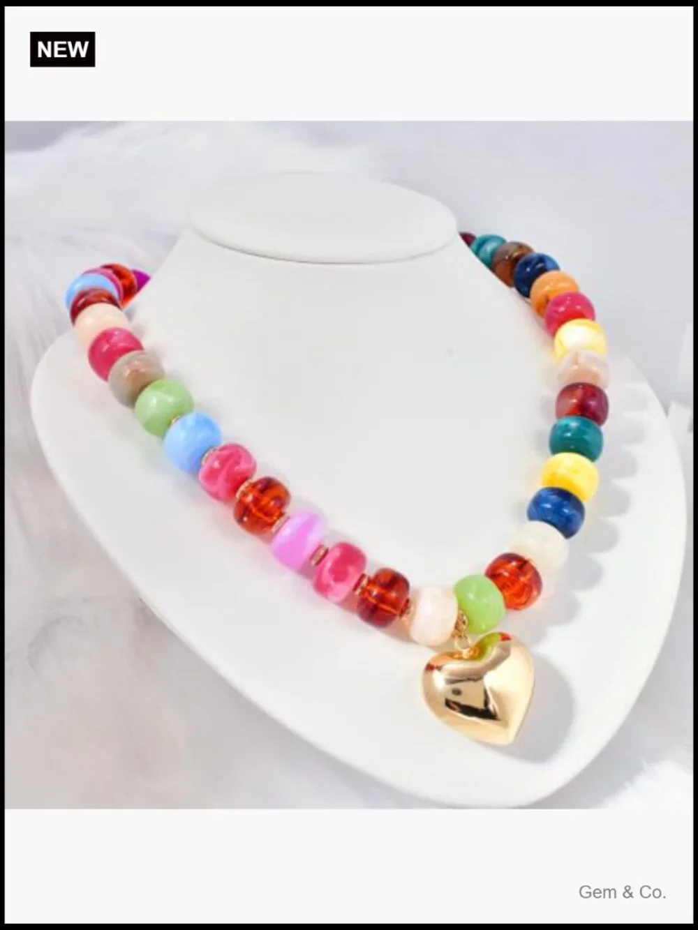 Chunky Beaded Necklace with Gold Heart Pendant Statement Jewelry